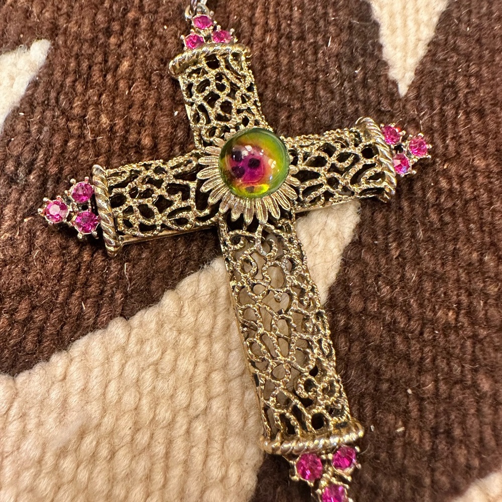 Gold Filigree Cross Pendant with Pink Accents Pendant